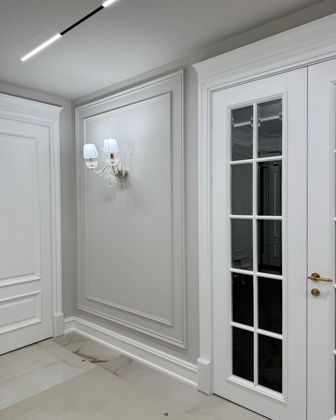 Fransız şüşəli qapı — panel divar fonunda